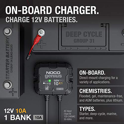 NOCO Genius GENPRO10X1: 1-Bank, 10A Onboard Battery Charger - 10A Per Bank, 12V Waterproof Marine Charger with Overcharge Protection & Temperature Compensation – for Lead-Acid & Lithium Batteries | Charges 1 Battery at Once, IP68 Waterproof, Overcharge Pr