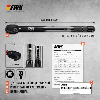 EWK 1/2" Drive Click Torque Wrench 10-150 ft-lbs (13.6-203.4 Nm) | ±4% Accuracy, Direct Spec Reading, 150% reinforced thick-wall, Factory Calibrated