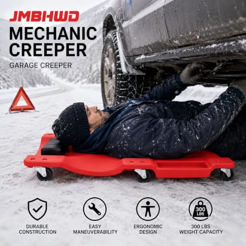 40 Inch Mechanic Creeper, Creepers Automotive Blow Molded Low Profile Under Car Rolling Garage Creeper Shop with Padded Headrest, Dual Tool Trays, 350lbs, Red