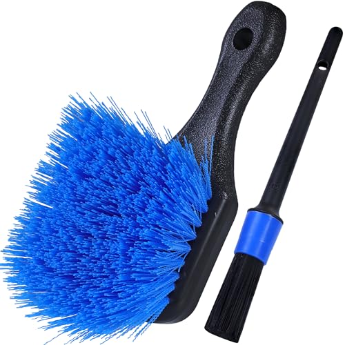 TAKAVU Wheel & Tire Brush, Stiff Bristle Short Handle, Scratch-Safe (Blue) | Includes Detail Brush, Cleans Rims, Wheel Wells, Interior Vents & Emblems, Car Detailing Cleaning Kit - color: Blue
