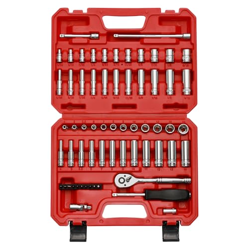 CASOMAN 1/4-Inch Drive Master Socket Set with Ratchets, Adapters, Extensions with 1/4’‘ Dr. Bits Set, Inch/Metric, 6-Point, 5/32-Inch - 9/16-Inch, 4 mm - 14 mm, 62-Piece 1/4" Dr. Socket Set