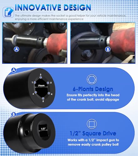 77080 Harmonic Balancer Socket Tool for Honda 19mm Crank Bolt Socket, 3 Times Momentum Power of Standard Impact Socket with Deep Counter-Weighted Design for Stronger Torque - size: 19mm