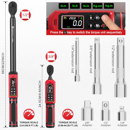 SUERCUP 3/8" 1/2" Digital Torque Wrench, 0.66-44.29Ft.Lb & 3.8-250.8Ft.Lb | ±1% Accuracy, 0.9-60N.m & 5.1-340Nm Electric Torque Wrench Set, for Auto Repair, Lug Nuts, Engine, Suspension, Moto & Bicycle - size: 3/8"&1/2" 0.9-60N.m&5.1-340N.m