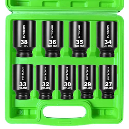1/2'' 9 PCS Drive Impact Socket Set Metric,12point 27mm 29mm 30mm 32mm 33mm 34mm 35mm 36mm 38mm Socket,Axle Nut Sockets - size: 1/2 12point 9pcs socket set metric