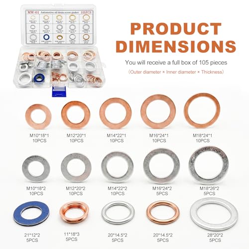 105 PCS Car Oil Drain Plug Gaskets Assortment, ID M10 M12 M14 M16 M18 M20 Engine Crush Washers, Portable Oil Drain Plugs Washer Replacement Kit for Most Vehicles, Car Accessories