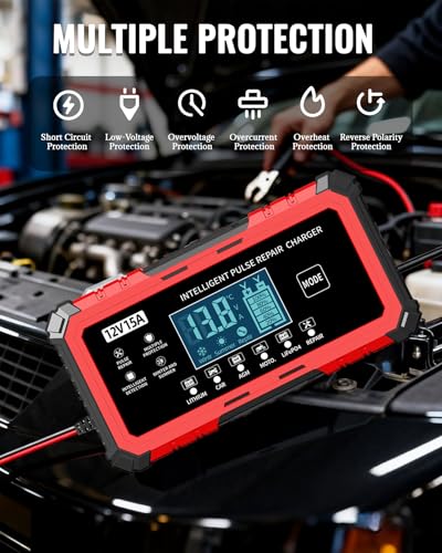 12V 15A Car Battery Charger - Smart Automatic Trickle Charger Battery Maintainer for Car Battery with Pulse Repair & LCD Display, Compatible with Lithium/CAR/AGM/Moto/LiFePO4 Batteries - color: Red