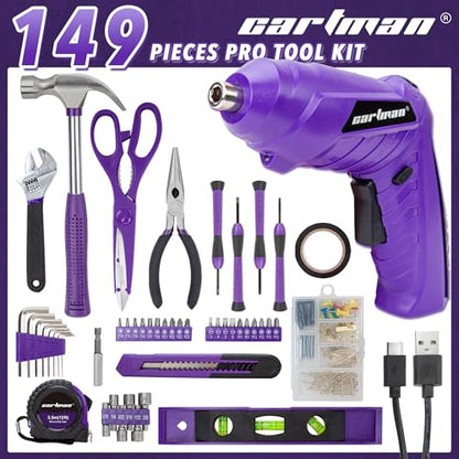 CARTMAN 149PCS Tool Set, Purple Cordless Screwdriver, Home Repair Tool Kit | Complete tool assortment with cordless screwdriver for home repairs, office fixes, furniture setup crafting, and daily tasks. - style: 149 PURPLE