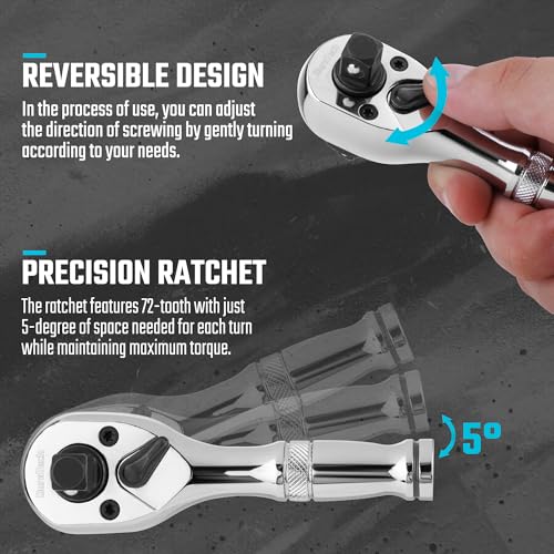 DURATECH 3-IN-1 Stubby Ratchet, 1/4", 3/8", 1/2", with 2 Extension Bars | 72-Tooth, Reversible Switch, Full-Polished Chrome Plating, Alloy Steel - style: Stubby Ratchet Set