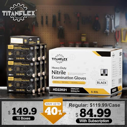TitanFlex Heavy Duty Black Nitrile Gloves, 6 Mil, Fully Textured, Mechanic Disposable Gloves, Latex Free, Powder Free - color: 07 Black (M, 1000ct)