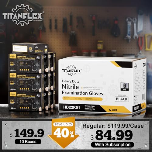 TitanFlex Heavy Duty Black Nitrile Gloves, 6 Mil, Fully Textured, Mechanic Disposable Gloves, Latex Free, Powder Free - color: 10 Black (Xxl, 1000ct)