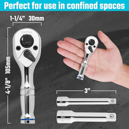 DURATECH 3-IN-1 Stubby Ratchet, 1/4", 3/8", 1/2", with 2 Extension Bars | 72-Tooth, Reversible Switch, Full-Polished Chrome Plating, Alloy Steel - style: Stubby Ratchet Set