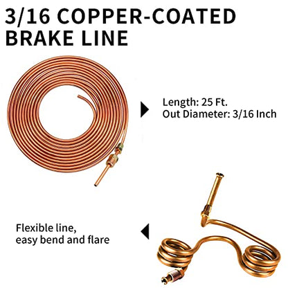 MuHize 25 ft 3/16 Inch Copper Coated Brake Line Kit | Include Fittings, Unions, Bender, Flare Tool and Cutter - size: Gold Brake Line Tool Kit with Tube Cutter(No Box)
