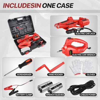 Scissor Jacks for 3 Ton (6600lb) Tire Jack Repair Kit with Electric Car Jack & Wrench, Emergency Tire Changing Kit for Car SUV MPV, Lifting Range 13.7" - Min 4.7", Red