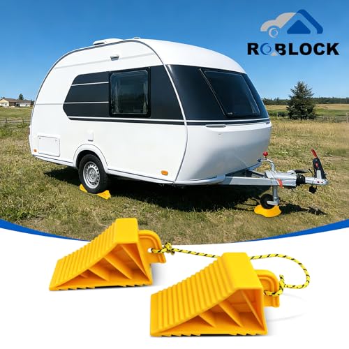 ROBLOCK 2 PCS Wheel Chocks for Travel Trailers, Heavy Duty Yellow Tire Stoppers with Rope, Non-Slip Grooved Wheel Blocks, Easy to Carry, Parking Stabilizer RV Accessories, Yellow - size: 2 PCS