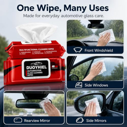 Car Glass Cleaning Wipes, 40 PCS Automotive Windshield Oil Film Remover Wipes for Car Windows, Mirrors & Windshield, Disposable Auto Glass Cleaner Wipes for Haze, Smudges, Water Spots, Dirt & Residue