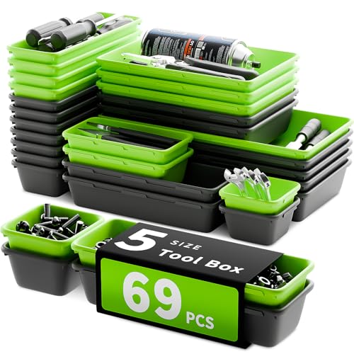 69 PCS & 5 Sizes Tool Box Organizer Trays, Black and Green | Sturdy Quality Tool Box Tray, Interlocking Design, Desk Drawer Organizer Tray for Home Garage Office Kitchen Bathroom - color: Black & Green: 69 PCS