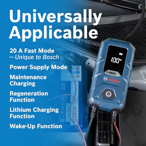 BOSCH C80-Li: 15A 6V/12V Next-Gen Battery Charger for Lead-Acid & Lithium | Including AGM, EFB, Gel & SLI - Unique 20A Fast-Mode & Smart Maintenance, Trickle Functionality & Advanced Safety Features