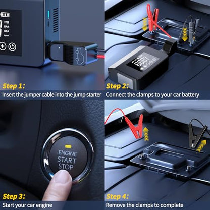 4000A Jump Starter with Air Compressor, 150PSI 12V Smart Portable Car Jump Starter(All Gas/8.0L Diesel), 15000mAh Power Bank & Jumper Cables, LED Light,Type-C Quick Charge