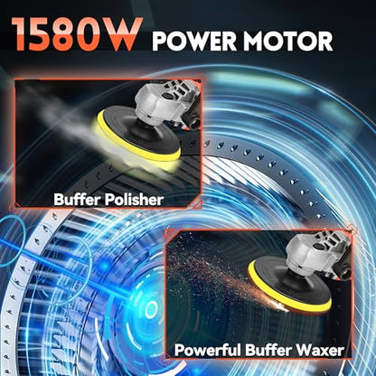 Buffer Polisher, Powerful Buffer Waxer, 7 Variable Speed 1000-3500 RPM,Rotary Polisher with 6" and 7" Backing Plate, 1580W Rotary Polisher for Car Polishing, Waxing, Glaze, Sanding