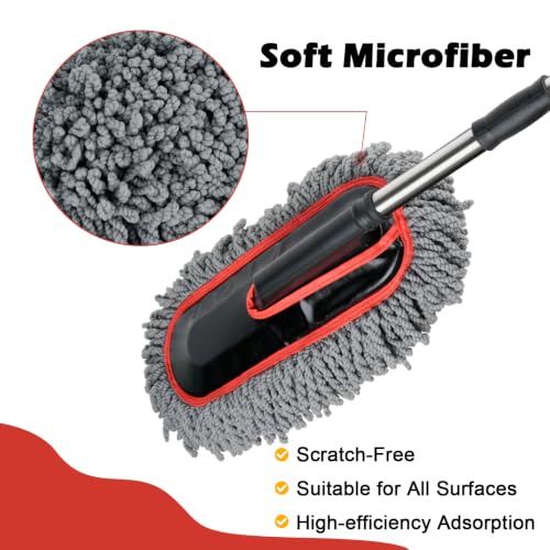Car Duster Exterior Scratch Free,Microfiber Car Duster with Extendable Handle, with 3PCS Detailing Brush, Exterior Interior Multipurpose for SUV,Truck,RV