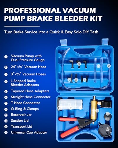 OMT One-Man Brake Bleeding Kit with Hand Vacuum Pump and Dial Gauge, Blue | High Grade Aluminum Alloy Fluid Evacuation System; Resilient PVC Tubing and Connectors; Great for Multi-Vehicle Servicing - color: Blue