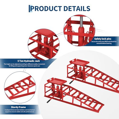 Heavy Duty Hydraulic Car Ramps 2 Pack – 5 Ton 11000 lbs Steel Low Profile Lift – Adjustable Height 9.4-13.34 in – Ideal for Oil Change & Garage Repair – Portable Truck & Low Car Service