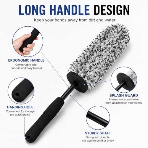 Long Handle Wheel Barrel Brush, Soft Microfiber Wheel Cleaner Brush, Non-Scratch Car Detailing Tool for Rim Cleaning and Tire Detailing (Black)