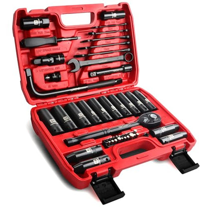 LLNDEI 1/2" Impact Socket Wrench Set: 49Pcs, CR-V, Metric | Combination Wrenches (8-17mm), Deep Sockets(8-24mm), Spark Plug Socket(16,21mm), Household&Automotive Repairing - size: 49-Piece 1/2" Drive Socket Set
