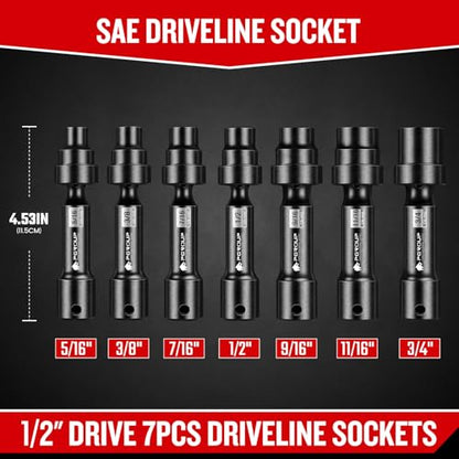7-Piece 1/2'' Drive Driveline Limited Clearance Socket Set, 12-Point SAE Impact Swivel Socket Set, Cr-Mo Steel with Storage Case for Automotive & Industrial - size: 7 PCS