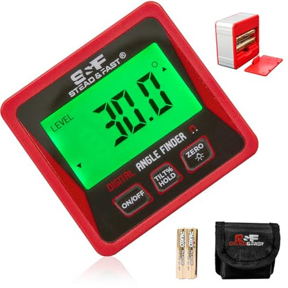 S&F STEAD & FAST Digital Angle Finder Magnetic with Case & Backlit LCD | Self-inverting display, ±0.2° accuracy, Absolute & Relative, Hold & Zero, Auto-off, for Woodworking, Plumbing & Construction - color: Red