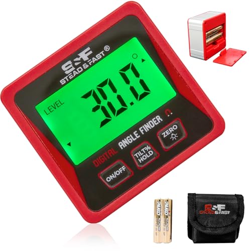S&F STEAD & FAST Digital Angle Finder Magnetic with Case & Backlit LCD | Self-inverting display, ±0.2° accuracy, Absolute & Relative, Hold & Zero, Auto-off, for Woodworking, Plumbing & Construction - color: Red