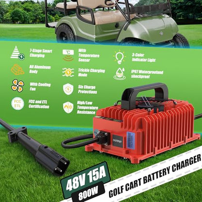 10L0L 48V 15A Golf Cart Battery Charger for Yamaha G29 Drive & Drive 2, 3-Pin Leaf Plug, Smart Charger for 48V Lead-Acid, Lithium and LiFeP04 Batteries, IP67 Waterproof - Red - color: Red