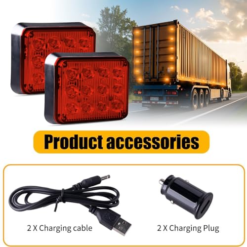2PCS Amber LED Emergency Strobe Lights, Magnetic Flashing Lights | Rechargeable Strobe Beacon Light,Wireless Battery Powered 12-LED Caution Safety Warning Light for Trucks Trailer Car Van Tow - color: Amber