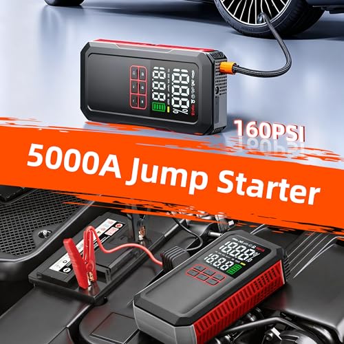 5000A Car Battery Jump Starter with Air Compressor 160PSI, Battery Jumper Starter Portable 7.0L Gas/6.0L Diesel, Jumper Cables, Car Battery Charger with Power Bank & Light, Roadside Emergency Kit