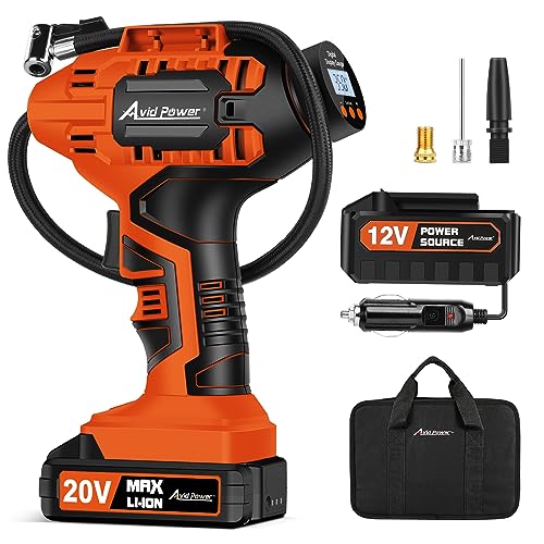 Avid Power Tire Inflator Portable Air Compressor, 20V Cordless Rechargeable Battery Tire Pump w/ 12V Car Power Adapter, Digital Pressure Gauge, Auto Air Pump for Many Inflatables (Orange) - color: 3-orange