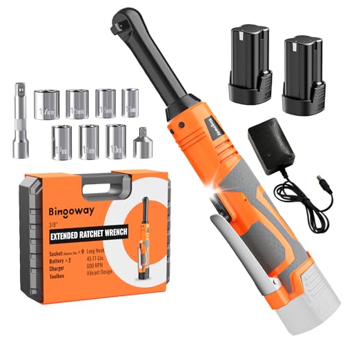 3/8" Electric Ratchet Wrench Set, Extended Long Neck Cordless Ratchet, 16V 45 ft-lbs Power Ratchet Kit, 600 RPM, 2 Batteries, LED, 9-Piece Accessory Set & Toolbox for Auto Repair