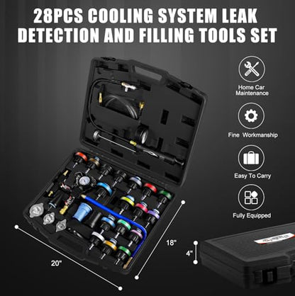 JIFETOR Radiator Coolant Pressure Tester Vacuum Refill Tool 28PCS Kit Black | Automotive Cooling System Manual Leak Test Pneumatic Purge Fill Set 21PCS Testing Adapter Cap Universal for Airlift Car Truck - color: Black Case