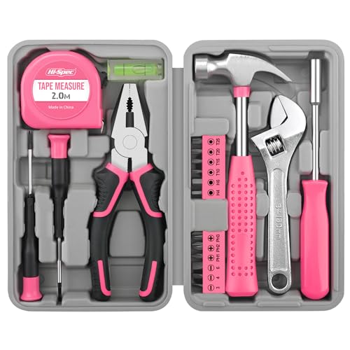 Hi-Spec Pink Tool Set 20-Piece. Ladies’ Starter Basic Hand Tools in a Compact Toolbox Case for Household and Office Repairs and Maintenance. - color: Light Pink
