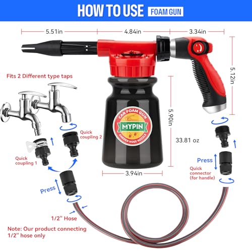 16 IN 1 Car Wash Foam Gun,Adjustable Hose Wash Sprayer for Car/Garden Clean | with 2.5 to 6 Bars Foam Blaster, Garden Hose Car Foam Sprayer, Use with 1/2” Quick Connector, Car Accessories Cleaning - color: Black