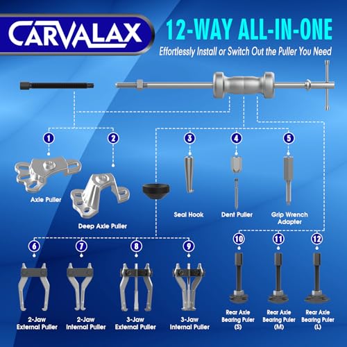 CARVALAX 12-Way Slide Hammer Puller Set | Auto Repair Kit for Hub, Bearing, Gear & Axle Extractor, Dent Removal, Heavy Duty 23-Piece w/Case - size: 12-Way
