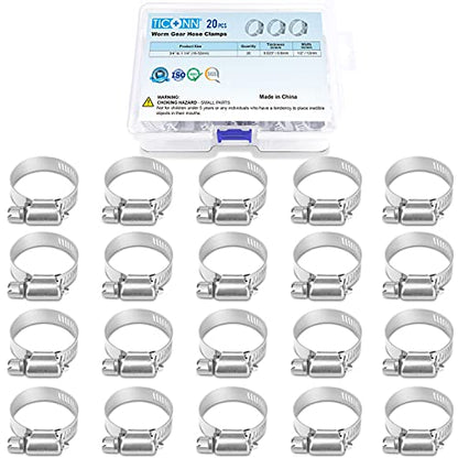 TICONN 20PCS Hose Clamp Set - 3/4''–1-1/4'' 304 Stainless Steel Worm Gear Hose Clamps for Pipe, Intercooler, Plumbing, Tube and Fuel Line - size: SAE #10 20PCS 3/4"~1-1/4"