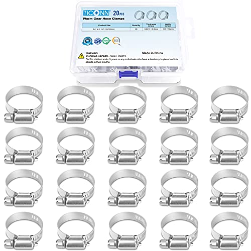 TICONN 20PCS Hose Clamp Set - 3/4''–1-1/4'' 304 Stainless Steel Worm Gear Hose Clamps for Pipe, Intercooler, Plumbing, Tube and Fuel Line - size: SAE #10 20PCS 3/4"~1-1/4"