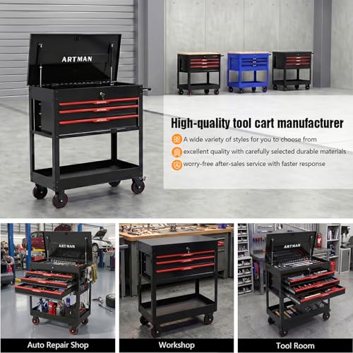 Rolling Tool Chest with Metal Top, 3-Drawer Tool Cart with Wheels, Black | Ball-Bearing Slides, Powder-Coated Finish, Side Tool Rack, Lockable, Locking Brakes, Ergonomic Push Handle - color: Black