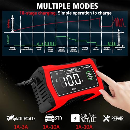 Lithium/LiFePO4/Lead Acid Battery Charger Smart Battery Trickle Charger 12V/24V 10A/5A Automotive Battery Maintainer Desulfator Temp Compensation for Car Truck Motorcycle Lawn Mower Marine RV