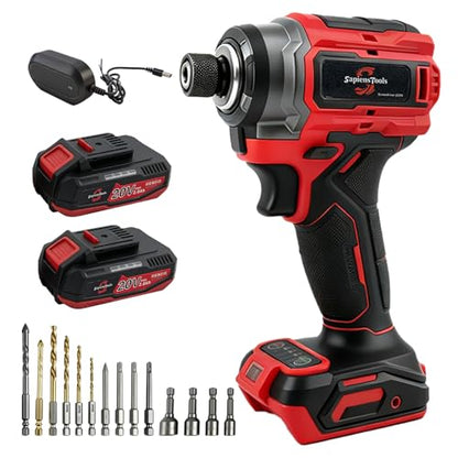 21V Brushless 1/4'' Impact Driver kit,with 2*2.0AH Batteries,300N.m High Torque,4-Speed Adjustable Torque with Memory Function,Variable Speed ＆Brake Stop,LED Light,for Wood Metal Drilling