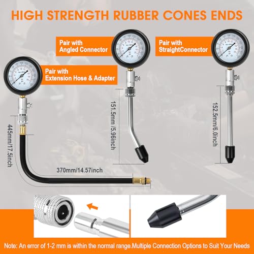 8PCS Engine Compression Tester Kit, Cylinder Compression Tester with 0-300 PSI Dual Scale Gauge, Automotive Compression Tester for Gasoline Engines, Cars & Motorcycles (Carton White)