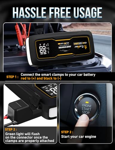 EcoNour 2500A Car Battery Jump Starter 12V Battery Booster Pack Up to 8.5L Gas & 8.5L Diesel Engines – Jump Box with Jumper Cables, USB Charger, LCD Display, LED Flashlight – for Cars, SUVs, Trucks - color: Black, size: 2500A