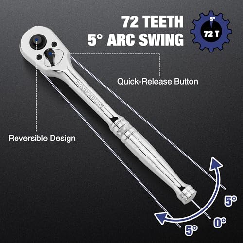 WORKPRO 3-Piece Ratchet Set, 1/4", 3/8", 1/2" Drive, 72-Tooth | Quick Release Reversible, 5 Degree Swing, Chrome Alloy Made, Full Polished - size: combo kit(1/4,3/8,1/2)