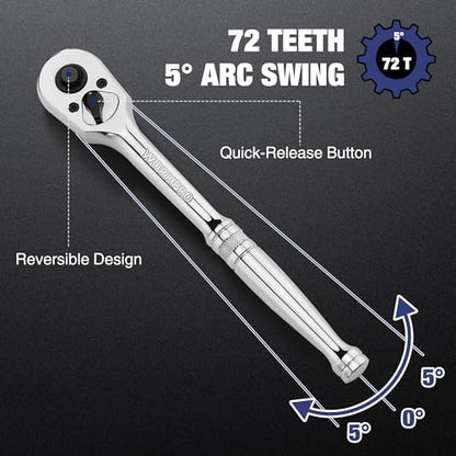 WORKPRO 3-Piece Ratchet Set, 1/4", 3/8", 1/2" Drive, 72-Tooth | Quick Release Reversible, 5 Degree Swing, Chrome Alloy Made, Full Polished - size: combo kit(1/4,3/8,1/2)