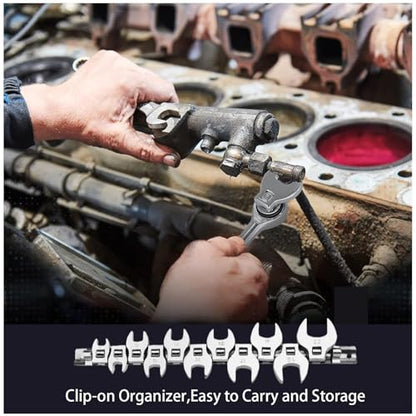 3/8 Inch Drive Crowfoot Wrench Set,11 Pieces Metric Crows Foot Wrenches with Clip-on Organizer Flare Nut Open End Wrench Tool for Mechanics Automotive Repair Work Hard-To-Reach Areas